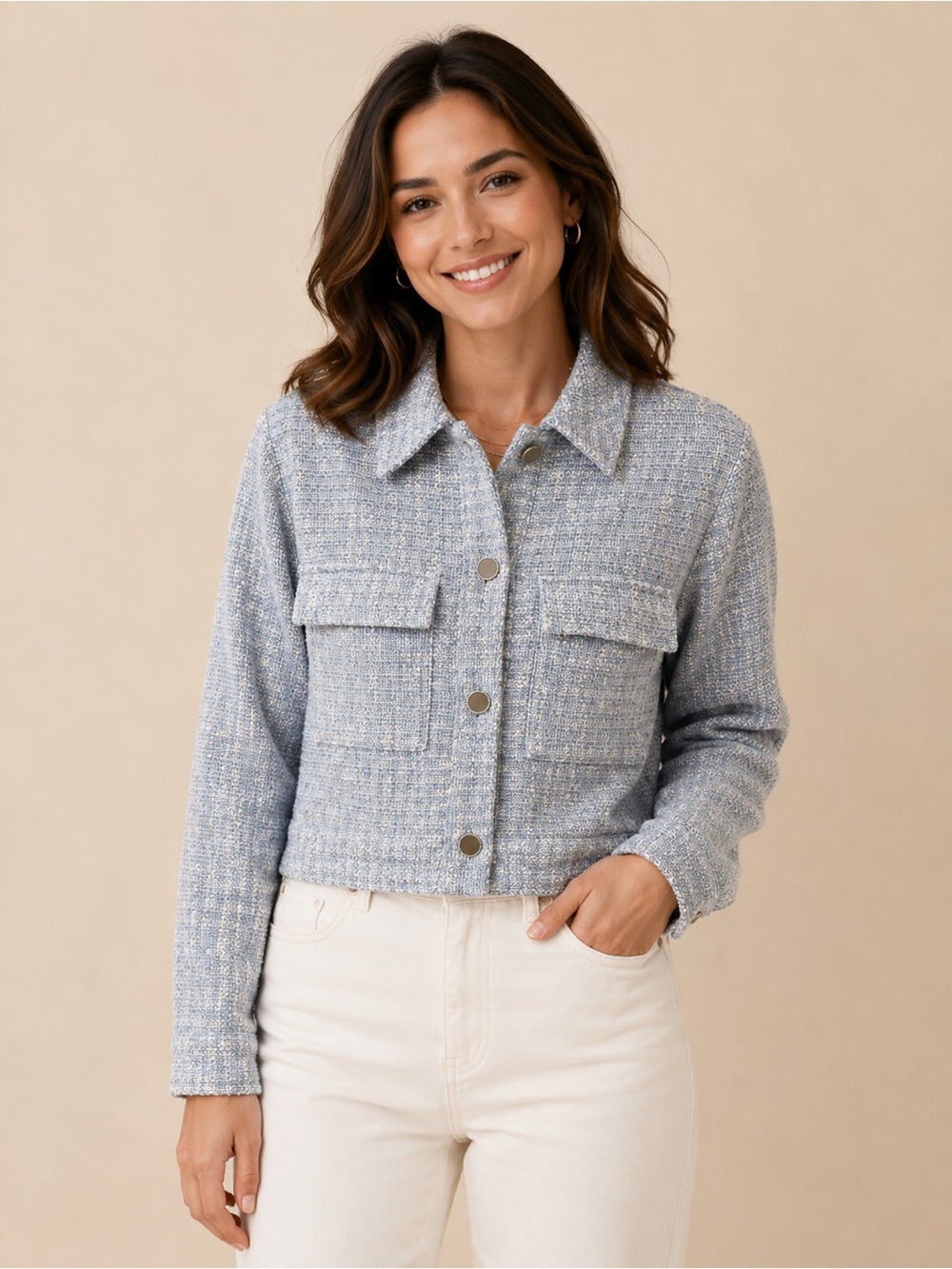 Zara Blue White Tweed Jacket
Medium Cropped Button Front Boucle
Shacket Classic